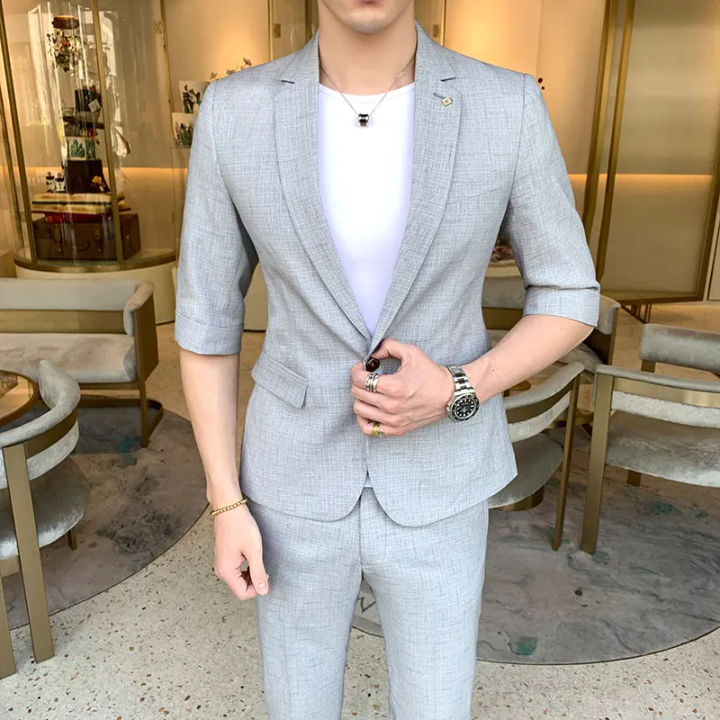 

MarKyi men suits 2019 slim fit style trajes de hombre para boda men wedding tuxedo half sleeve mens striped suit