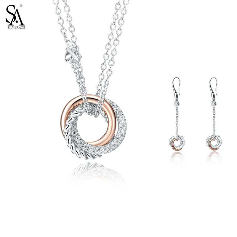 

SA SILVERAGE Hot 925 Sterling Silver Jewelry Sets Necklaces Pendants Drop Dangle Earrings for Women Rose Gold Fine Jewelry gift