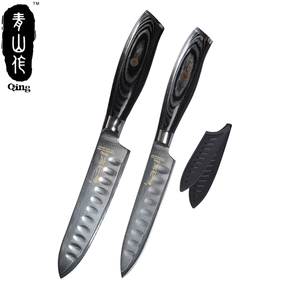 

QING 5" 6" Damascus Kitchen Knife Slicing Chef Knife Super Sharp Color Wood Handle Cooking Tools With PP Knife Covers 2pcs Set