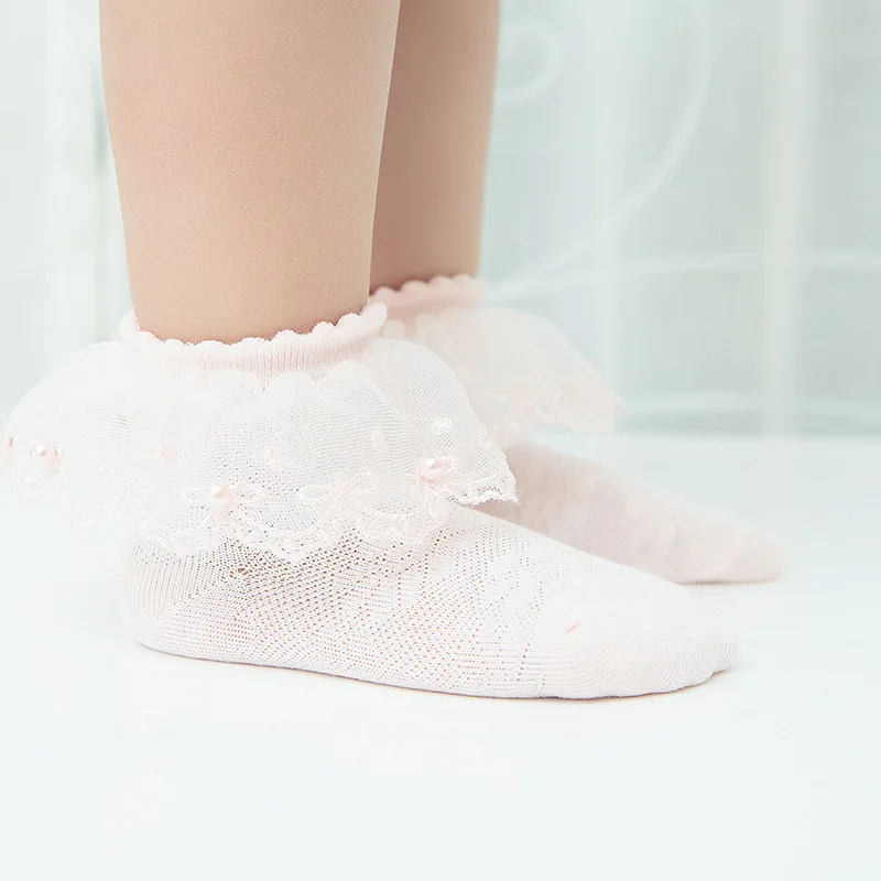 Летние жемчуг бантом кружева носки для девочек Дети Твердые Цвет блеск сетки короткие носки по голень Принцесса хлопок Детские носки белый, розовый