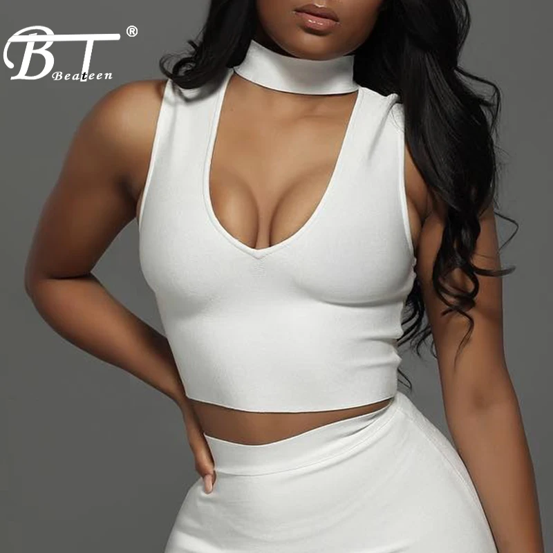 

Beateen 2018 New Bandage Choker Deep V Crop Top Women Sexy Sleeveless Party Club Clothing Tank Outing Basic Top