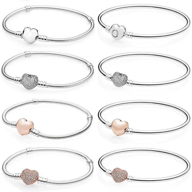 

NEW 100% 925 Sterling Silver Rose gold Heart bracelet Clear CZ Charm Bead fit pendant DIY Bracelets The factory wholesale