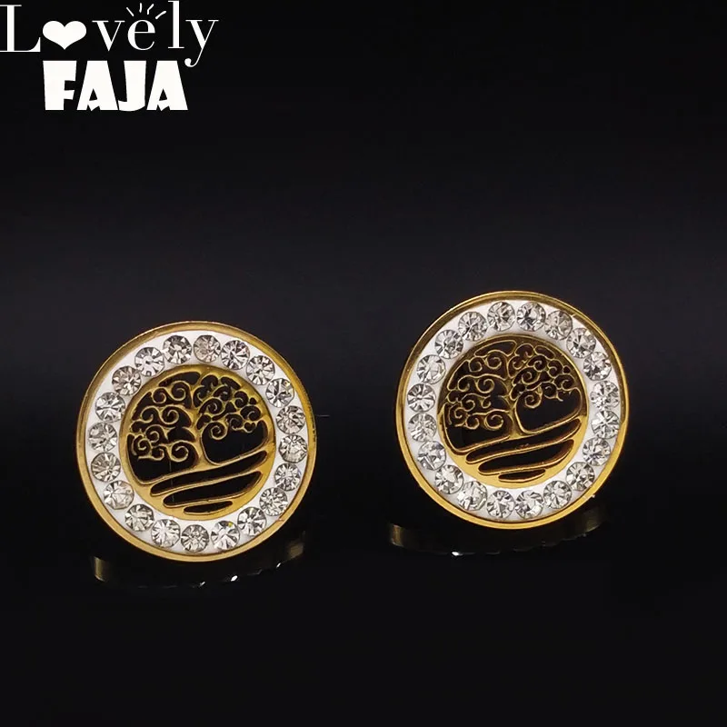 

2019 Fashion Tree of Life Stainless Steel Earrings Women Golod Color Crystals Stud Earrings Jewelry cristal moda mujer E612606