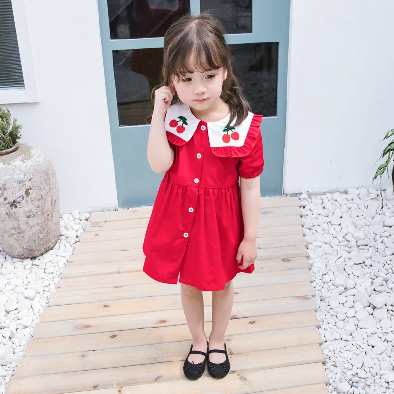 2019 Crianças Roupas Meninas Coreanas Vestido Navy Vento Lapela Vestido Cereja
