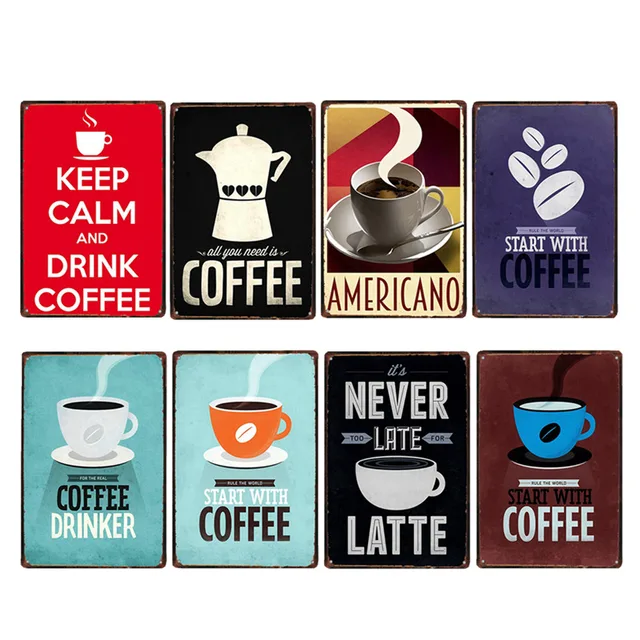 Coffee Sign Vintage Wall Decor Plaque Metal Retro Poster Decorative Coffee Sign Vintage Wall Decor Plaque Metal Retro Poster Decorative Plates Tin Cafe Decoration 20x30