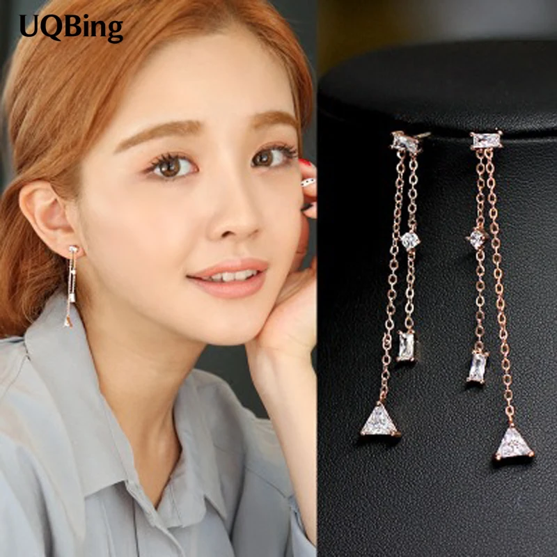 New Arrivals 925 Sterling Silver Tassel Triangle Zirconia Stud Earrings