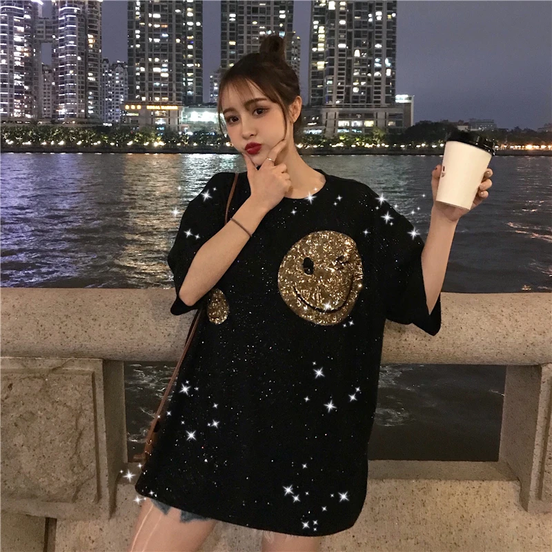

Women Sequins T-Shirt Dress Summer Sequin Dress O Neck Long Keen Length Dress Dames Tops