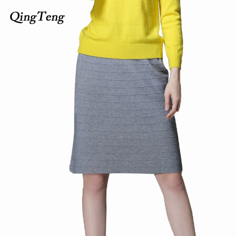 QingTeng 2017 Summer Autumn And Winter Skirts Women High Waist Knee length Straight Cashmere