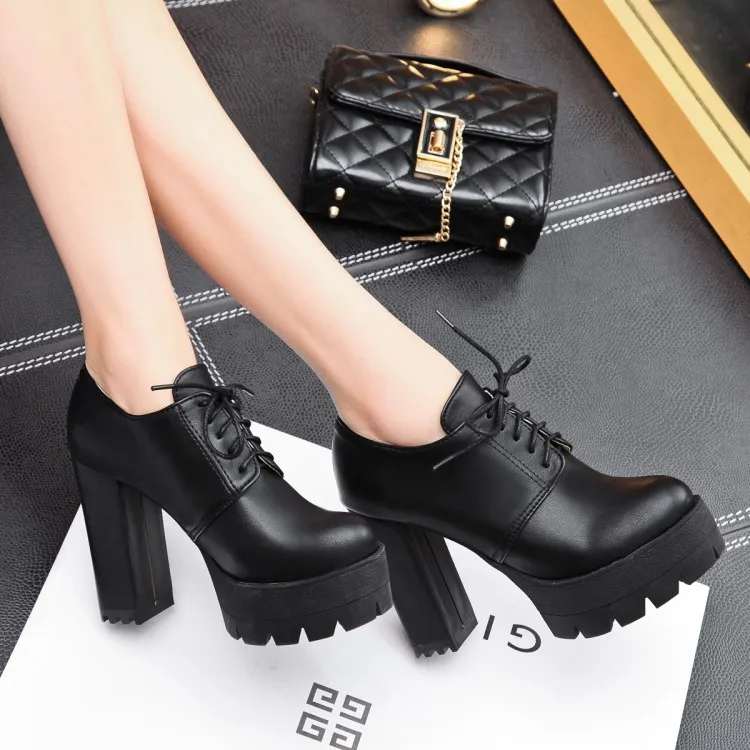 Большие размеры 34-43; Демисезонные ботинки; винтажные женские ботинки на платформе и высоком квадратном каблуке со шнуровкой и круглым носком; женские ботильоны