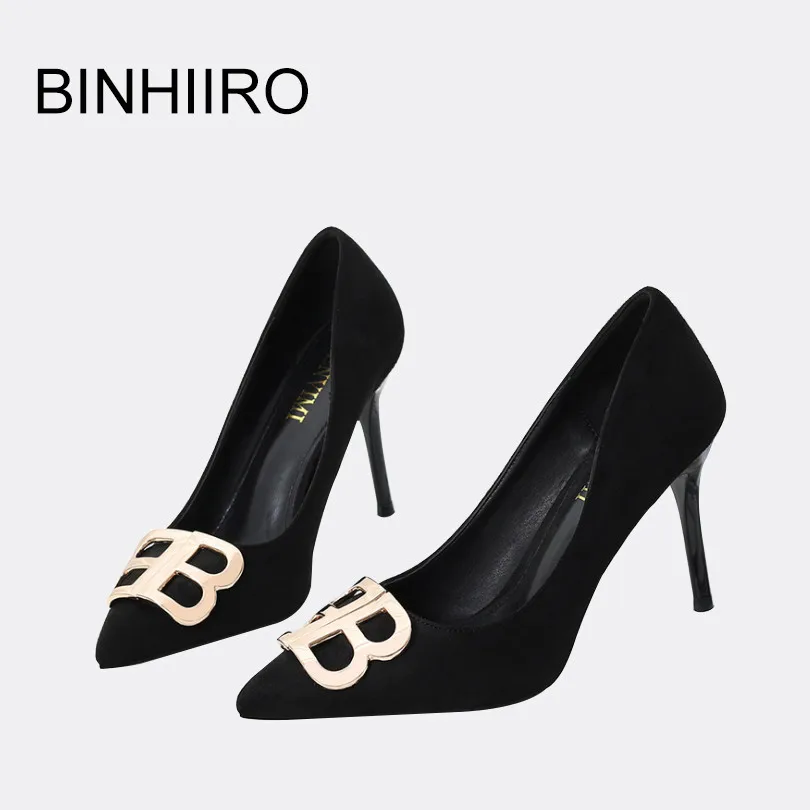 

BINHIIRO Woman Flock Pumps Pointed Toe Metal Decoration Thin Heels Fashion Black OL office Shoes For Women Party Shoes BXDX52401