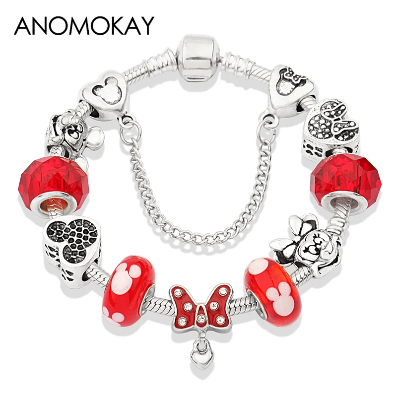 

Anomokay Red Crystal Mickey Minnie Beads Silver Plated Pan Charm Bracelet for Girl Boy Fine Bracelets & Bangles Jewelry Gift