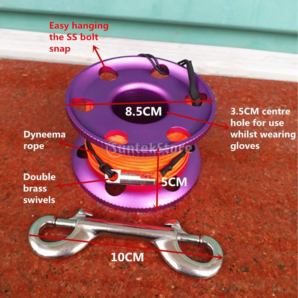 Scuba Diving Aluminium Finger Spool Reel 20/30/50M Line with Stainless Steel Snap Bolt Clip Black Blue Purple