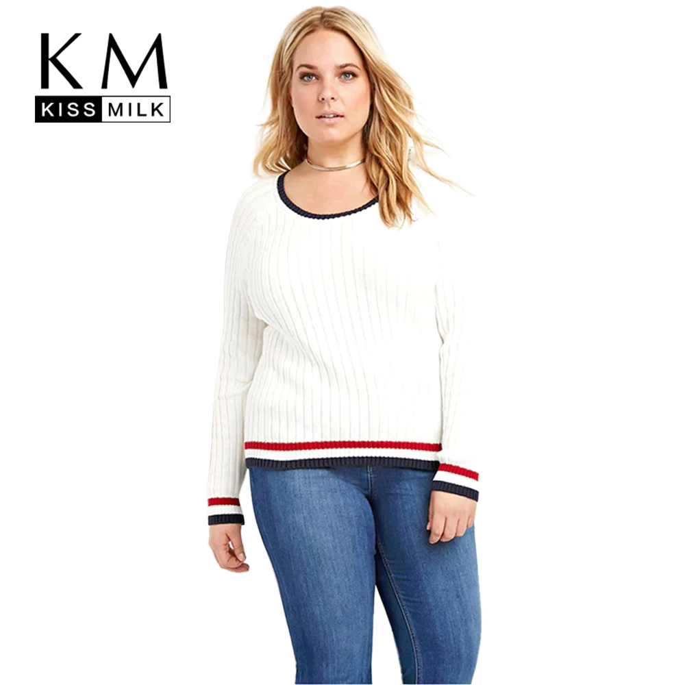 

Kissmilk Plus Size New Fashion Women Clothing Casual Long Sleeve O-Neck Tops Patchwork Two-tone Slim Big Size Sweater 3XL-6XL