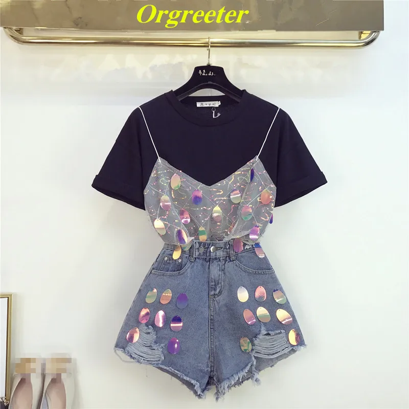 

Sequined Tshirt and Denim Shorts Two Piece set Vest Patchwork Short Sleeve Cotton Tees+Hole Jeans Shorts Women Summer Sets