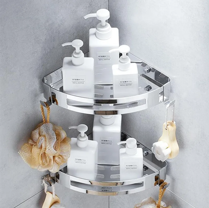 Günstige Keine notwendigkeit bohrer oder wand montiert echt 304 SS material doppel ebene Bad accessoires regale, ecke korb