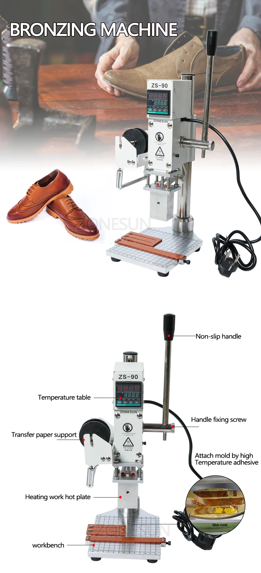 ZONESUN машина для горячего тиснения фольгой тиснения логотипа торговой марки ручная Бронзирующая машина для Finshed кожаной обуви тепло холодный отжим