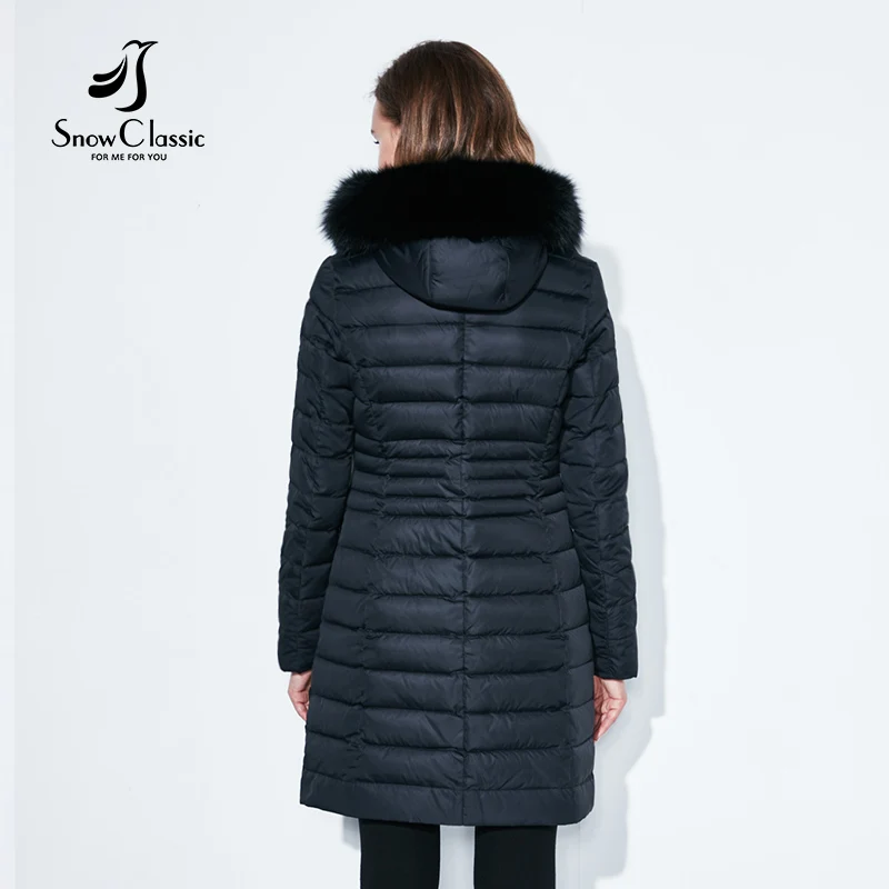 SnowClassic Winter Long Women's Cotton Down Jacket Теплая ветровка Меховой воротник Slim Hat Модный