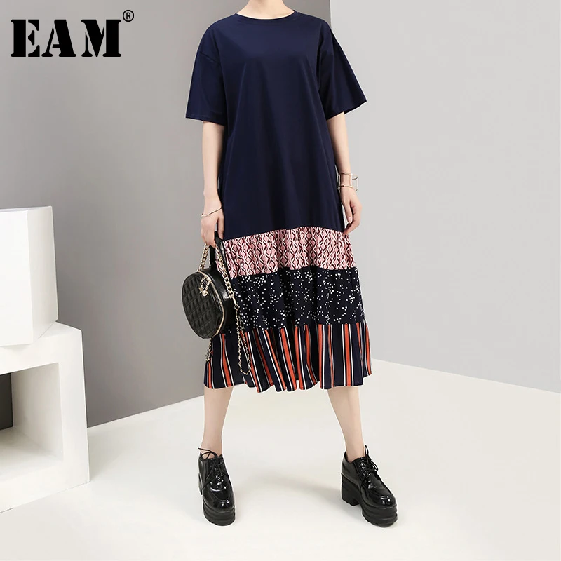 

[EAM] 2019 New Spring Summer Round Neck Half Sleeve Spliced Pattern Printed Pleated Ruffles Loose Dress Women Fashion Tide JY764