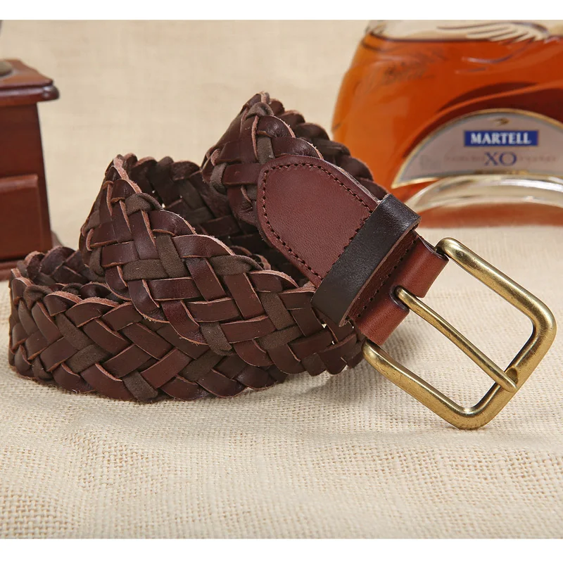 New braided leather men/'s belt hand knitted brass pin buckle casual style woven