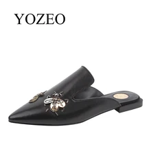 

women shoes genuine leather flat lady 2018 fashion spring summer autumn pointed toe sandals casual ladies platfrom half slipper