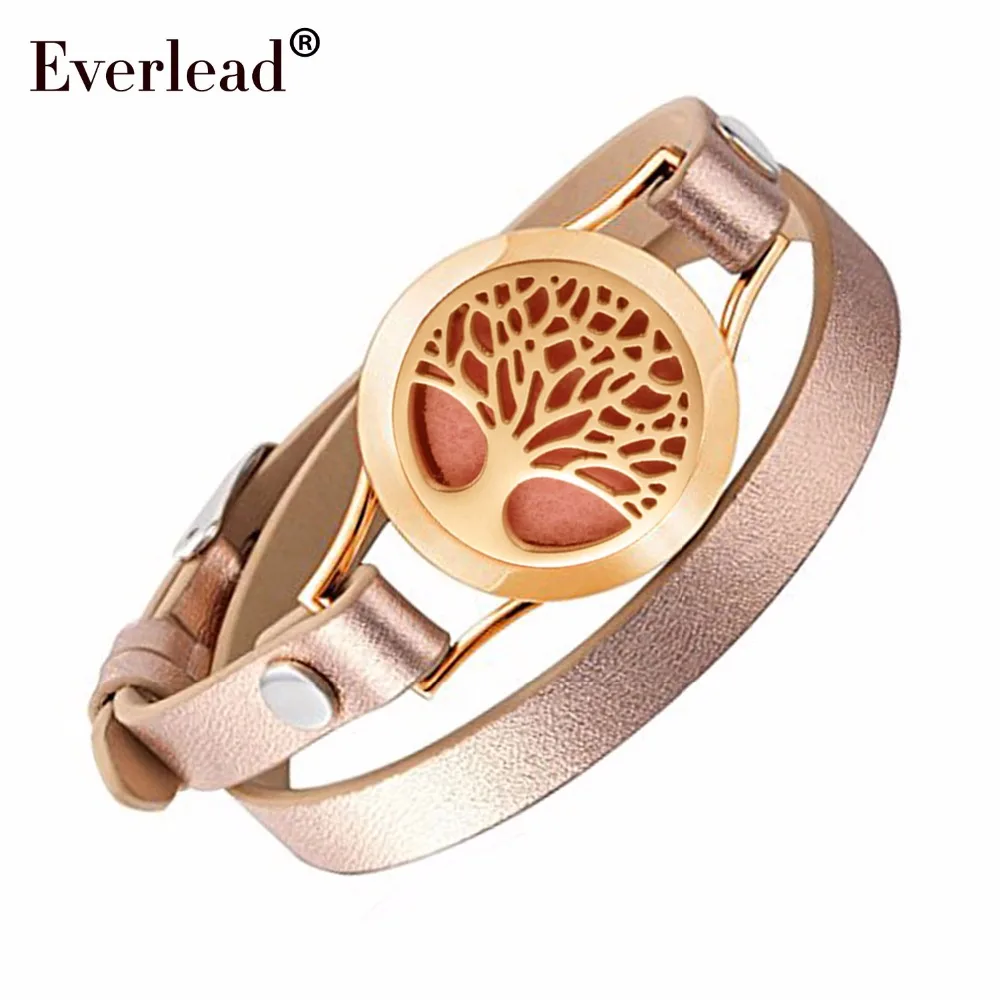 EVERLEAD Wrap Bracelets for Women Rose Gold color tree of life leather bracelet aromatherapy perfume diffuser bangle jewelry stylish adjustable tree of life layered wrap necklace