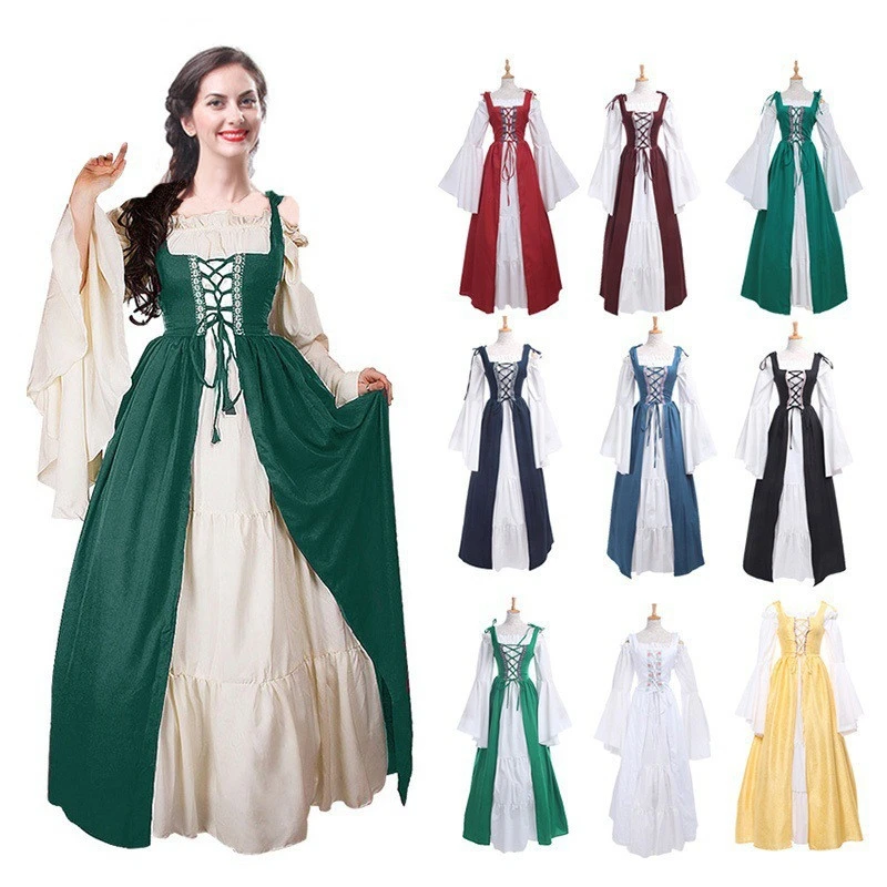 Plus S 5XL Women Costume Dress Vintage Square Collar Bandage Corset Medieval Renaissance Dress Sets Retro COS Party - AliExpress