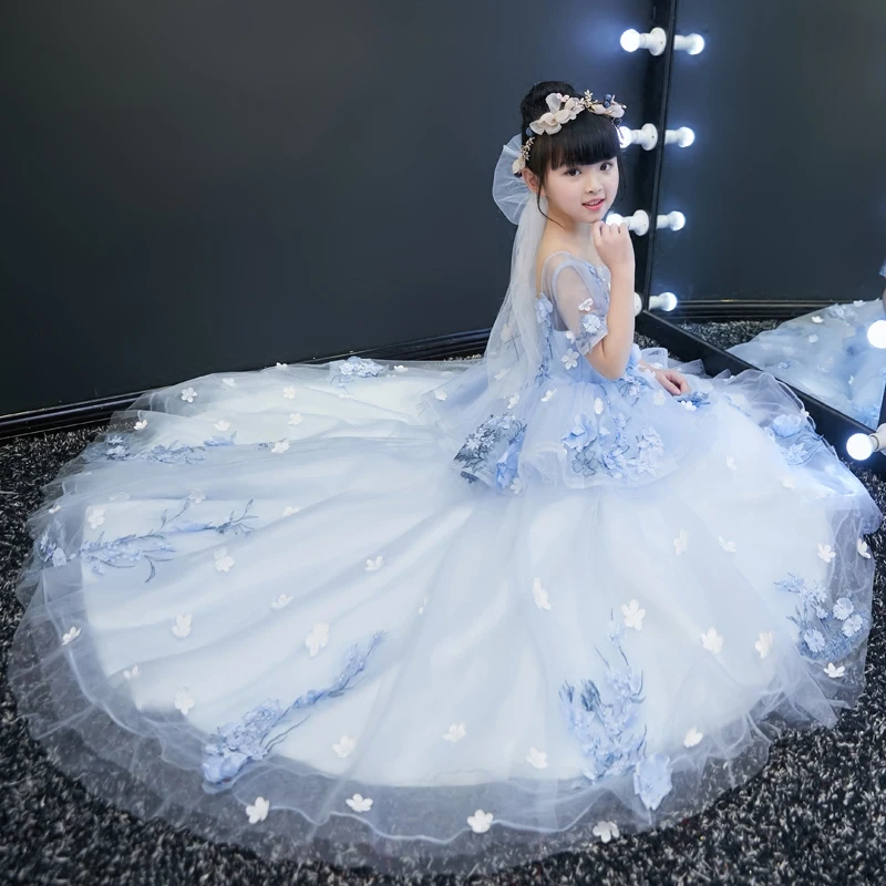 

Lovely Girls Ball Gown Dress 2018 Children Floral Dresses Catwalk Party Show Banquet Dress For Kids Long Trailing Clothing JF637