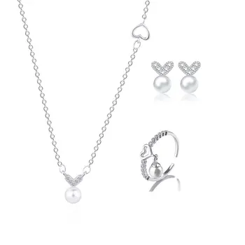 

925 Sterling Silver Sweet Pearl Heart Shaped Necklace+Earrings+Ring For Women Jewelry Sets
