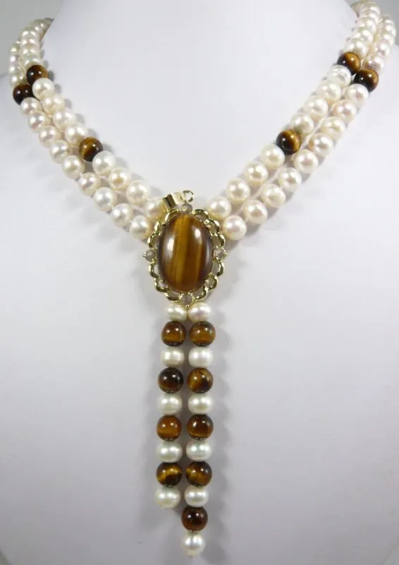 

new arrive beautiful design jewelry white pearl + tiger eye stone necklace