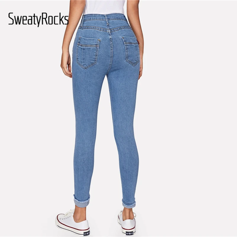Однотонные обтягивающие джинсы SweatyRocks, уличная одежда, синие женские джинсы с высокой талией, весенние повседневные зауженные джинсы с потертостями по краям