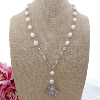 

N082005 22" White Rice Pearl Necklace Cz Pave Bee Pendant