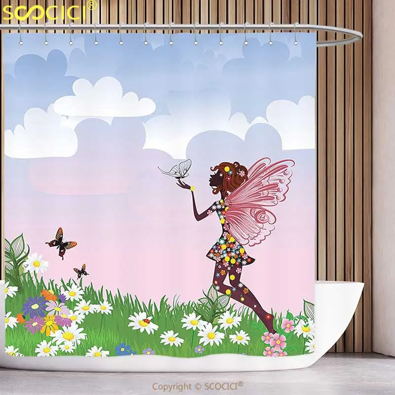 

Cool Shower Curtain Teen Girls Decor Collection Celestial Fairy on a Flower Meadow Clouds Wildflowers Wings Decorative Image