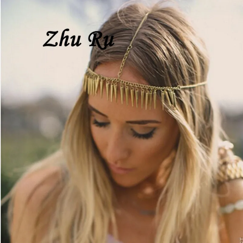 

Romantic Tiara Wedding Indian Vintage Alloy Tassel Punk tiaras and crowns metal rock Rivet thorn Head Chain for women jewelry