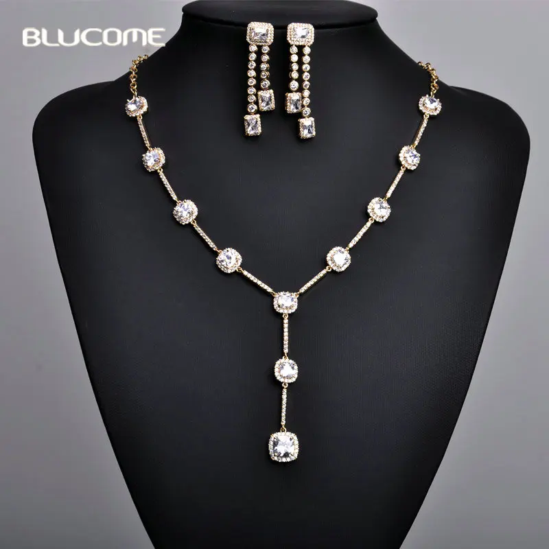 Blucome Fashion Square Zircon Long Pendant Necklace Jewelry Sets Tassel Drop Earrings For Women Wine Party Clothing Accessories Blucome Fashion Square Zircon Long Pendant Necklace Jewelry Sets Tassel Drop Earrings For Women Wine Party Clothing Accessories
