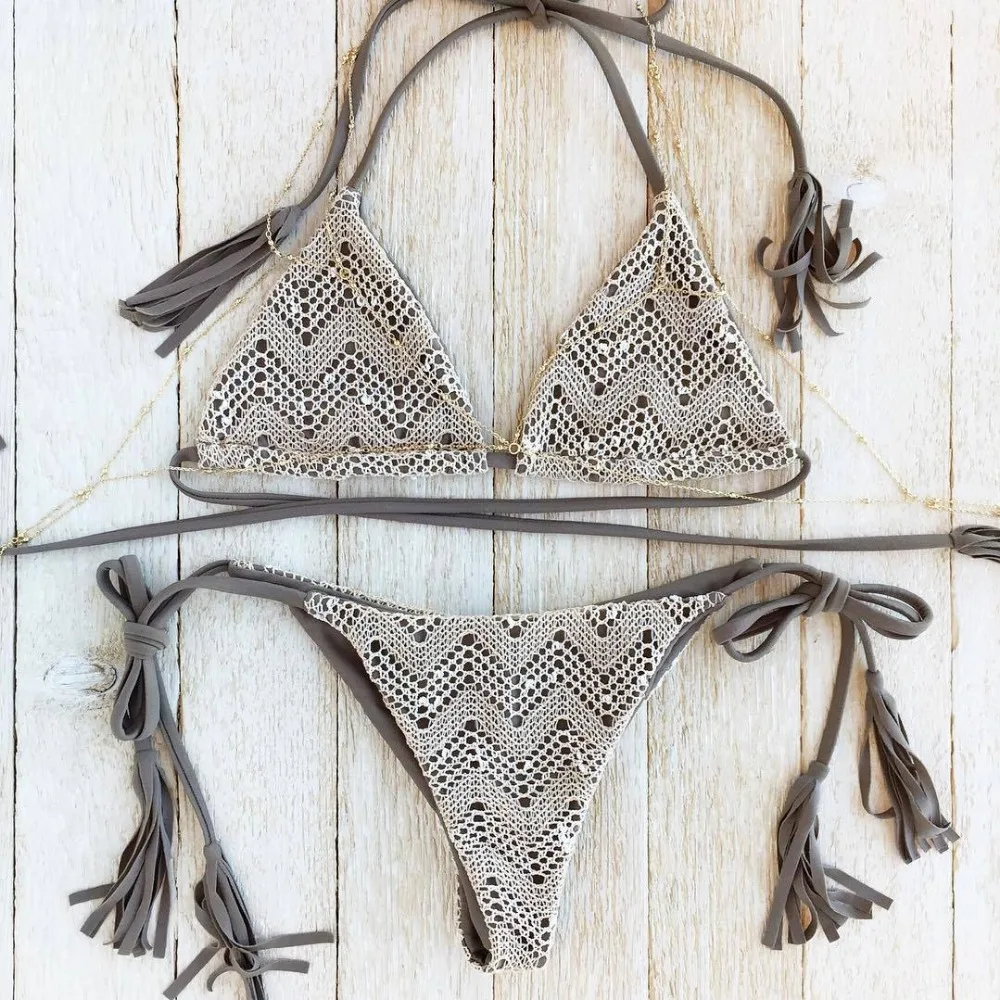 Muti Color Crochet Lace Bikini 2019 Women Halter String Swimsuit