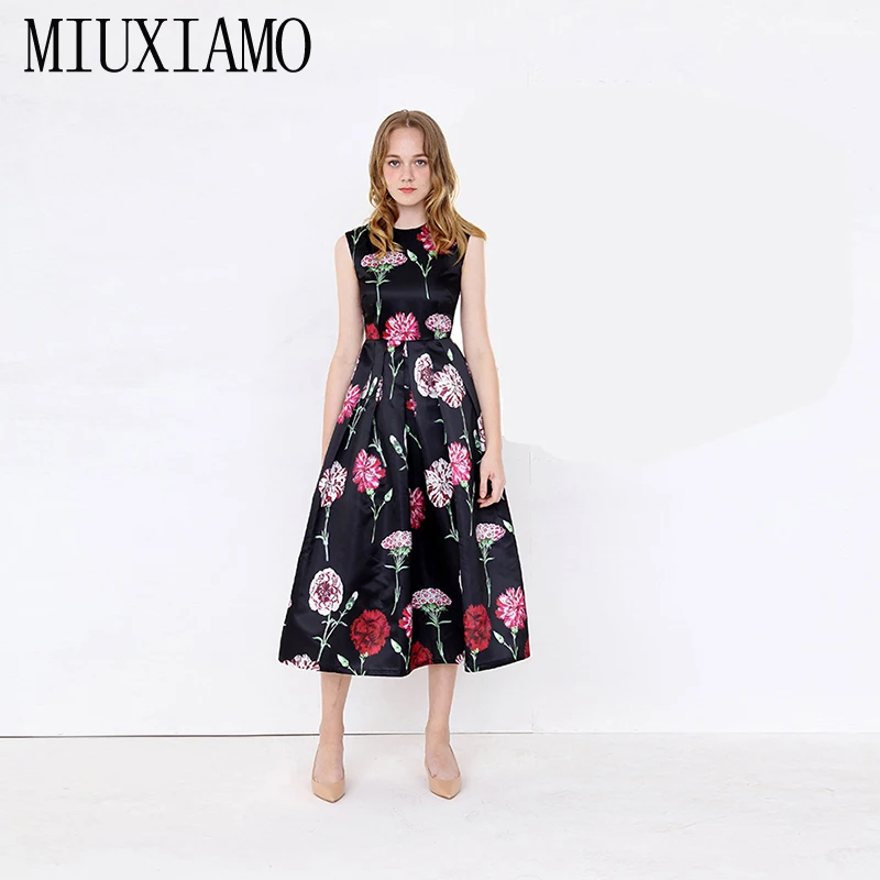 

MIUXIMAO Custom Plus Size Floral Dress 2019 Spring&Summer New Arrival Flower Print Elegant Black Casual Dress Women vestidos