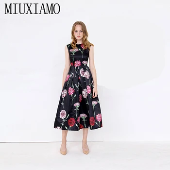 

MIUXIMAO Custom Plus Size Floral Dress 2019 Spring&Summer New Arrival Flower Print Elegant Black Casual Dress Women vestidos