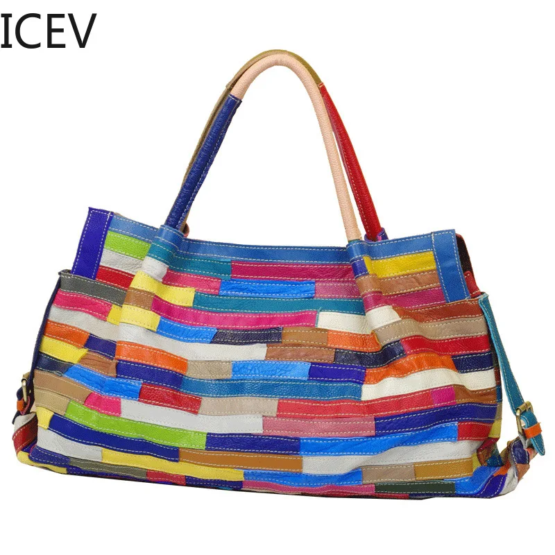 

ICEV New Simple European Fashion Patchwork Women Leather Handbag Genuine Leather Handbags Ladies Office Big Totes Bags for Women