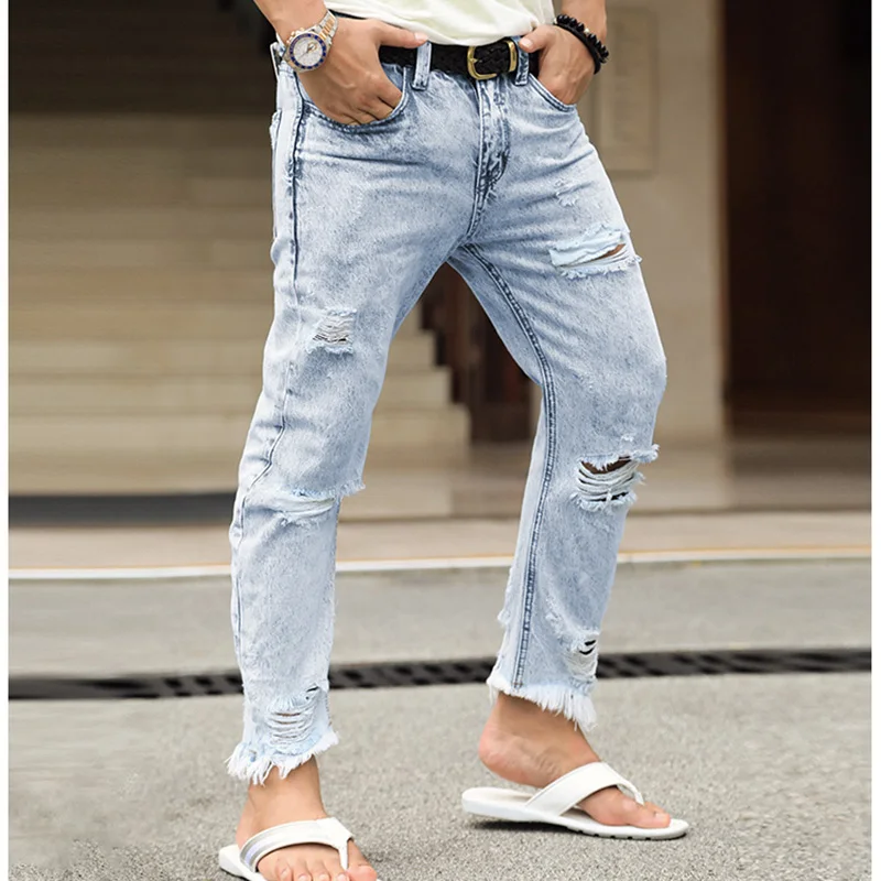 Marque homme jeans de mode 2018 nouveau printemps bleu clair jeans pantalon  laver vieux hommes de jeans déchiré affligé skinny jeans hommes K651 |  AliExpress