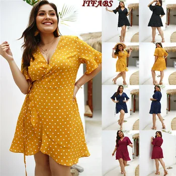 

Summer Dot Print Ruffles Sleeve Shirt Dress Women V-neck Lace Up Chiffon Dress Ladies Streetwear Oversized Shirt Dress Sundress