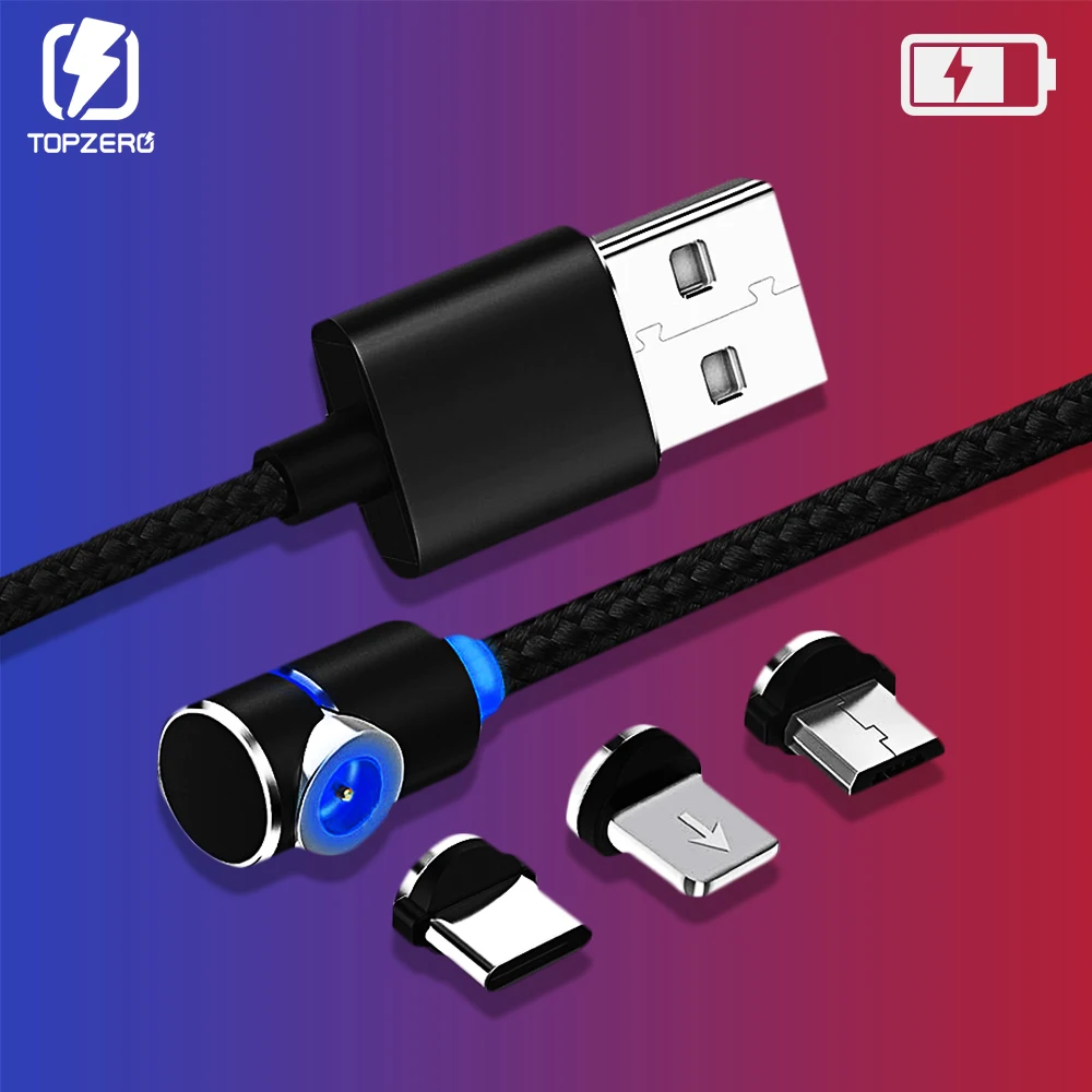 1 м 2 м 90 градусов Магнитный usb зарядный кабель для iphone X XR XS 6 7 8 Plus светодиодный USB C type C кабель для Android Micro USB зарядное устройство