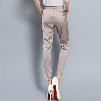 Весна и лето новые шелковые тонкие повседневные брюки женские формальные офисные рабочие брюки 4 цвета размера плюс код Дамские Брюки LF176 - Цвет: Хаки