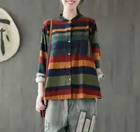 Autumn Shirt Women Retro Fashion Blouse Tops Stand Cardigan Button Striped Casual Blended Female Loose Shirt 2018 Shirt Blouse