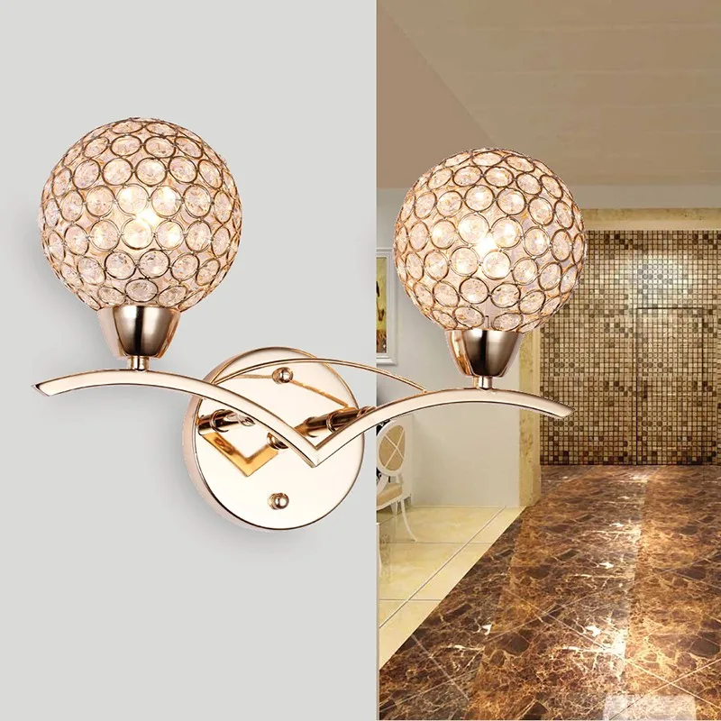 

Современная хрустальная настенная лампа k9 с двумя абажурами, серебристо-золотистые настенные бра, подходящие к лампочкам E14, 2018 в, 110 В, освещение для спальни, коридора, лестницы, новинка 220