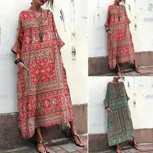 Women's Batwing Sleeve 100% Cotton Full Length Shirt Dress Plus Size Floral Print Kaftan Dress floral print batwing sleeve dip hem top