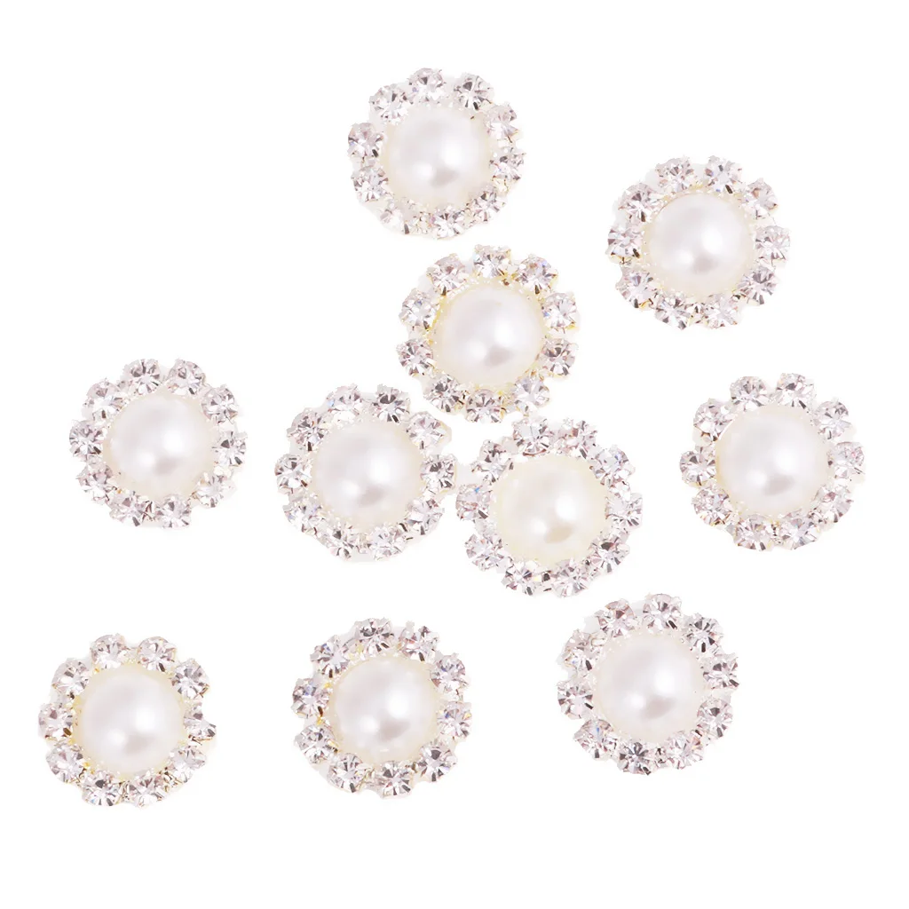 10x Diamante Flower Crystal Pearl Flatback Buttons Sewing Embellishment 13mm