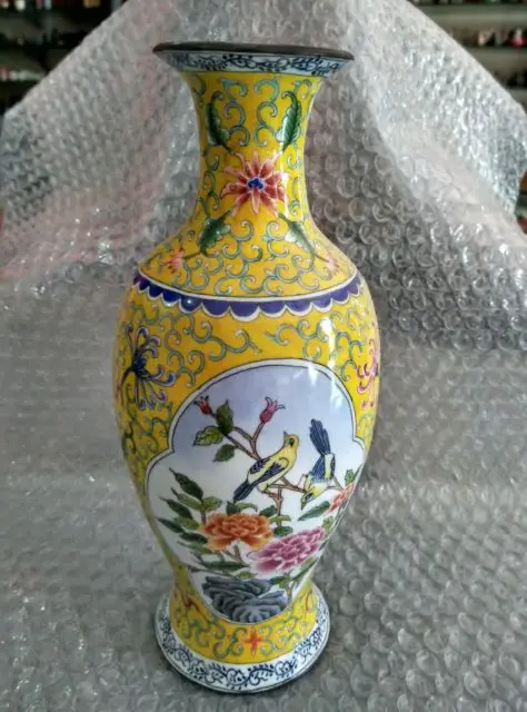 

Elaborate ancient Chinese colored enamel copper flower bird vase