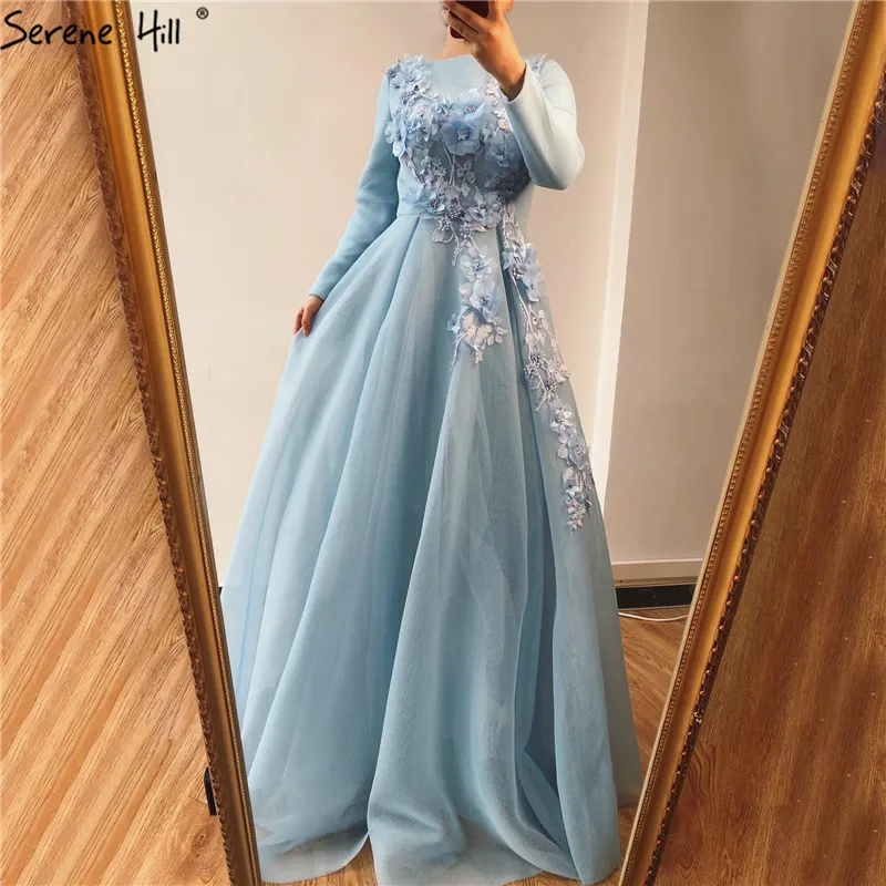 

Muslim Blue Long Sleeves Evening Dresses Design Handmade Flowers Pearls A-Line Evening Gowns 2019 Serene Hill LA70114