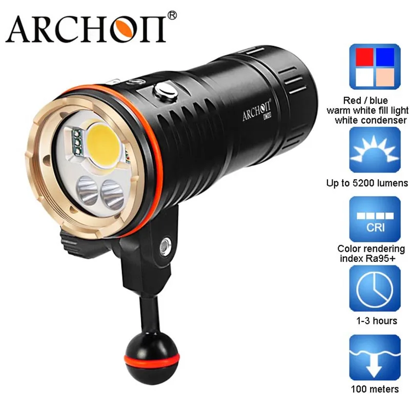 

ARCHON DM20 WM26 Aluminum Waterproof XML2 U2 5200 LM 4 Color Light Tint Diving LED Flashlight Torch Battery