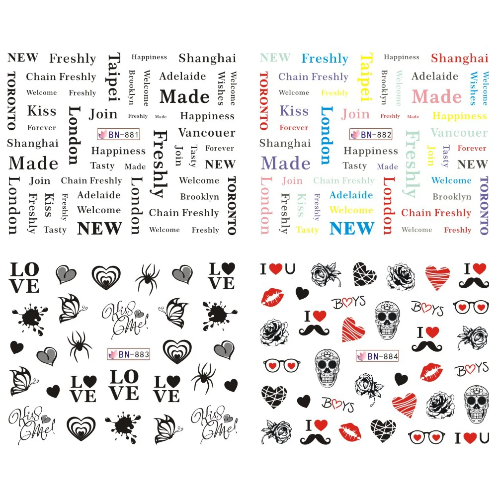 12 любовных дизайнов наклейки для ногтей Водные Наклейки для девушек текстовые линии слайдер Трафаретный временный советы для ногтей Декор SABN877-888